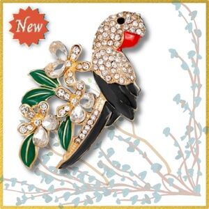 Parrot Brooch Pin Back Crystal Rhinestone Leaves Branches